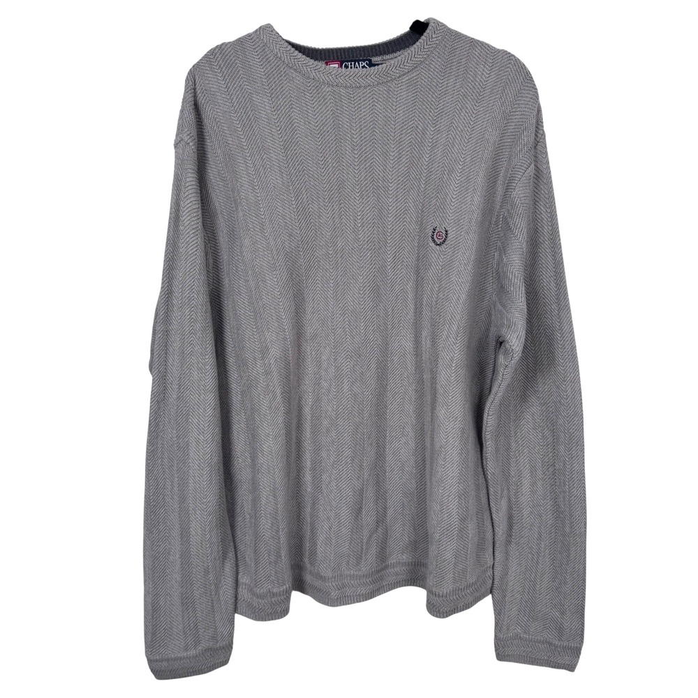 VTG Chaps Ralph Lauren Sweater Men XL Grey Herringbone Knit Preppy Old Money 90s